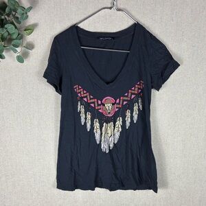 Wildfox > Black V-Neck Tee with Feather Graphic Small